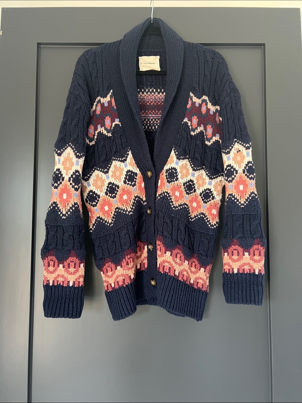 Lucky Brand Navy Shawl Collar Fair Isle Cardigan with Pink Accents